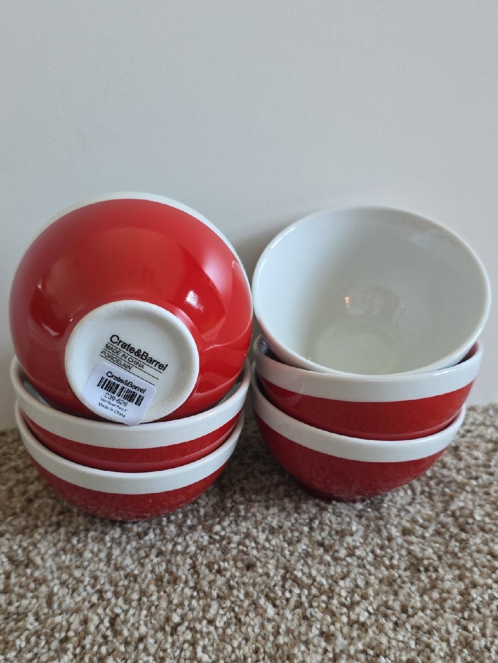 Crate&Barrel Red and White Porcelain Bowls - Set of 6 - NWOT
